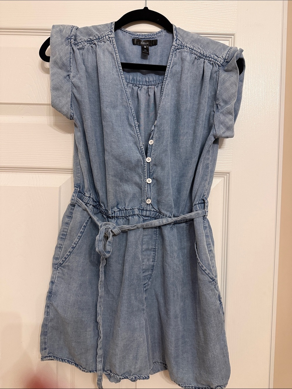 Light Wash Chambray Button Front romper with Tie Waist